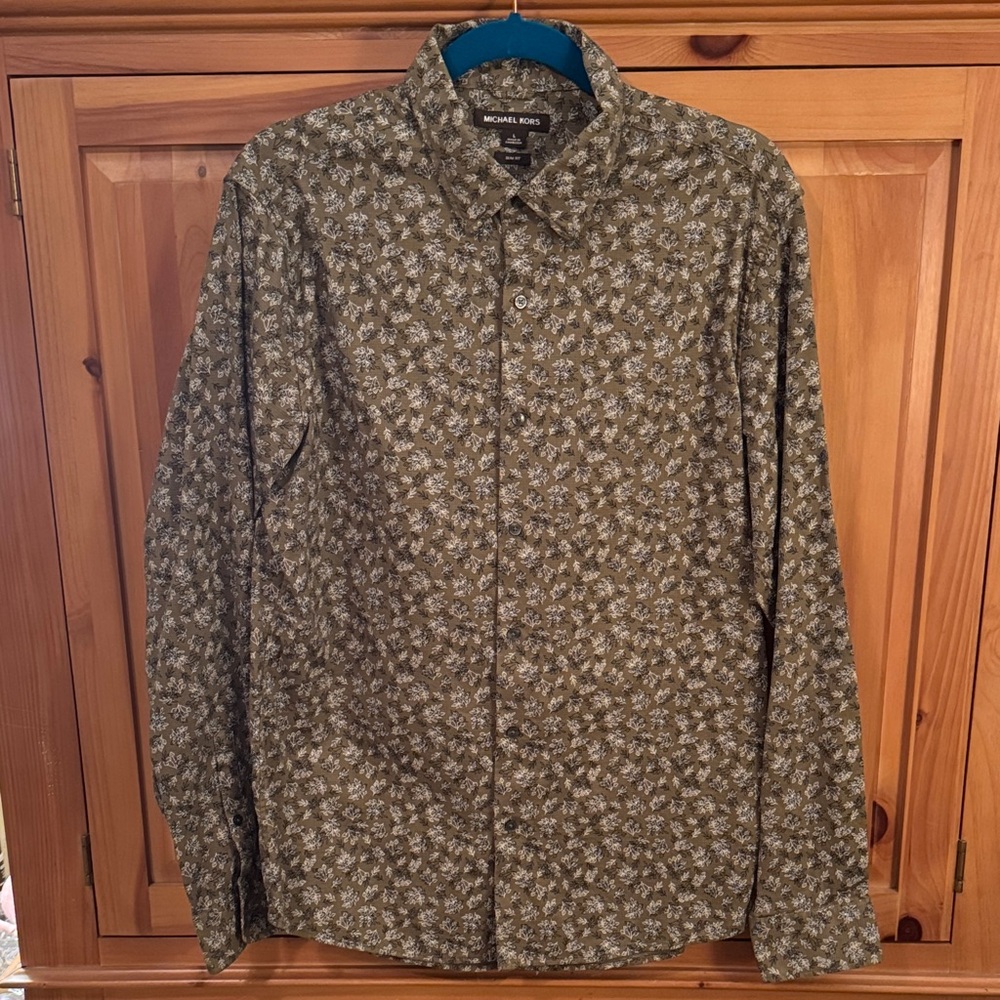 🐷 Michael Kors Slim Fit Olive Floral Print Long Sleeve Button-Down Shirt